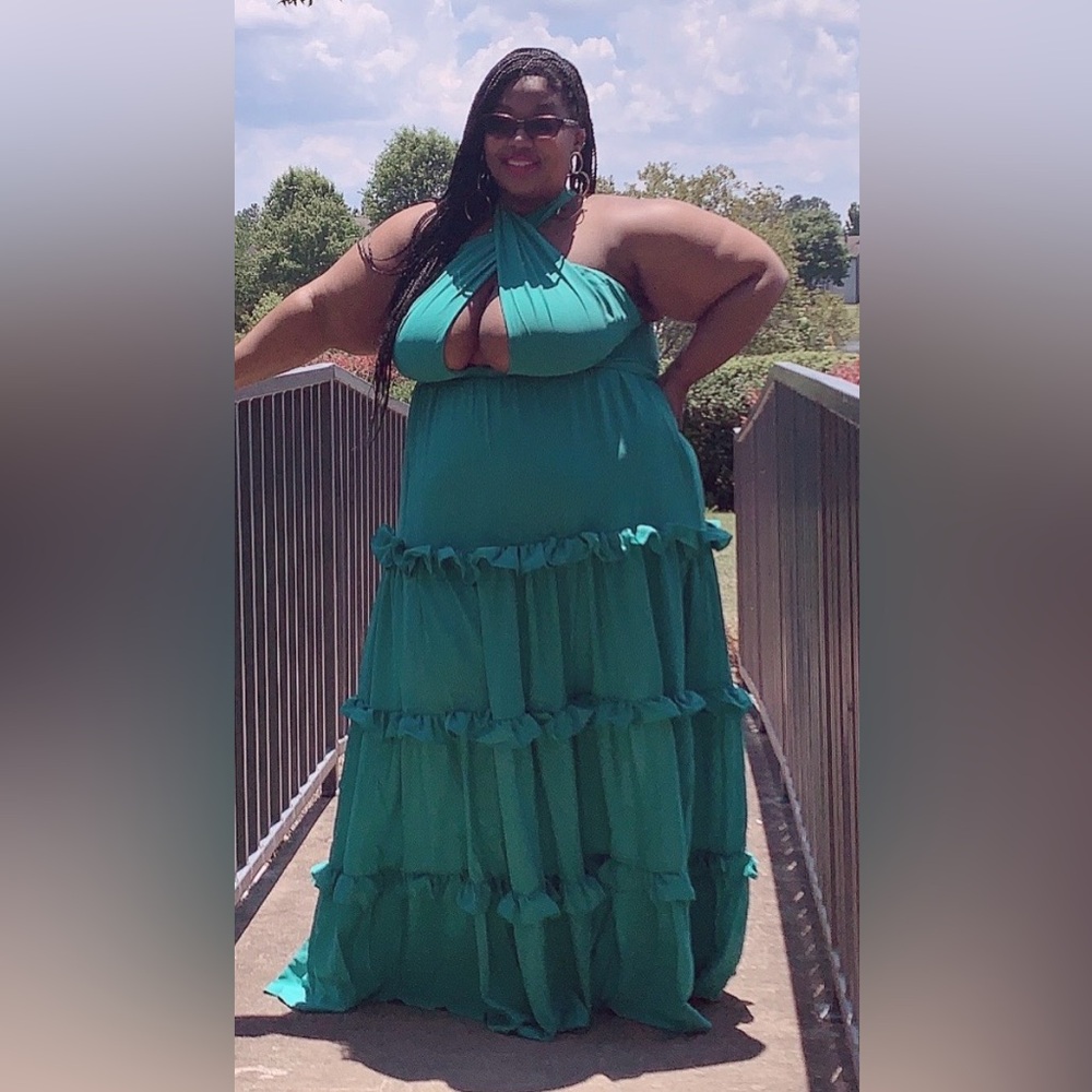 L'ATISTE Teal Halter Tiered Maxi Dress